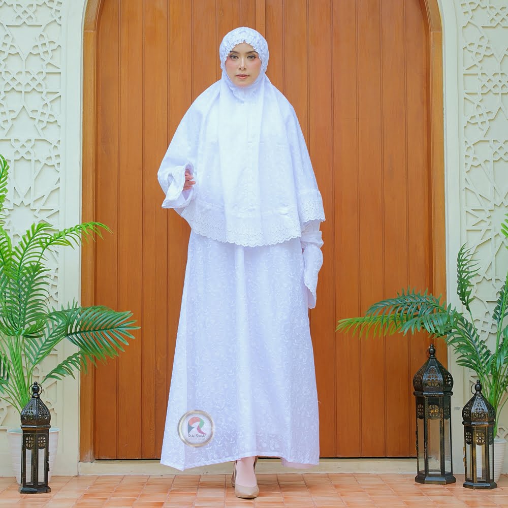 Gamis Putih Umroh Haji Set Bergo Dan Sarung Tangan 1 Gamis Salima Set Bergo - 1