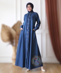 Gamis Denim Jins Biru Dongker Model Kancing Depan Aplikasi Kerut Tangan Bukaan Ziper
