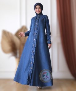Alternative view of Gamis Denim Jins Biru Dongker Model Kancing Depan Aplikasi Kerut Tangan Bukaan Ziper