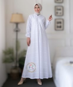Gamis Putih Umroh Katun Full Bordir Tangan karet Busui kantung samping Salima