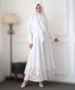 Raisma Gamis Putih Syari Set Khimar Bahan Ceruti Babydoll Baju Umroh Haji Muslim Wanita Mafaza